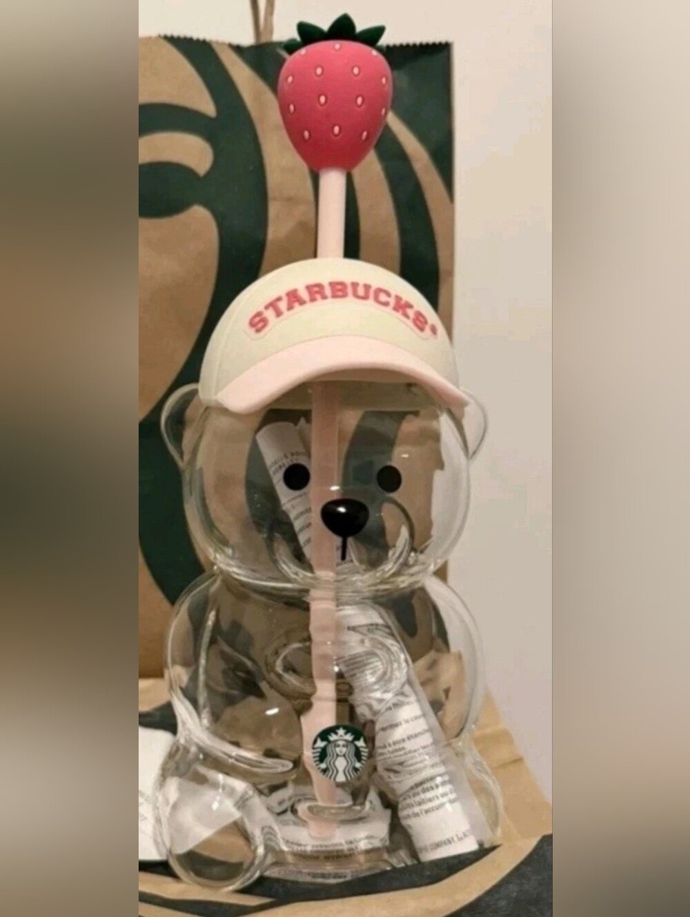 Authentic NIB Starbucks Bearista Bear Glass Pink Drink Strawberry Cup 20 oz. '26